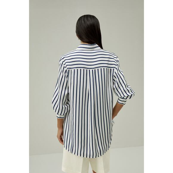 LILYSILK Oversized Palma Stripe Silk Button Down Shirt, Size Small, White & Blue - Picture 14 of 16